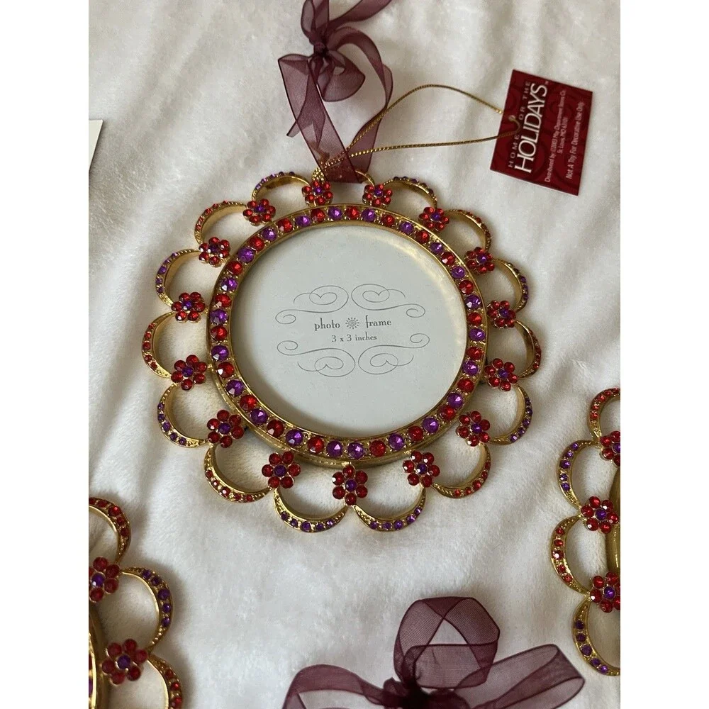 Home For The Holidays Gold w/ Bling Round Hanging Photo Frame Ornaments Set of 4